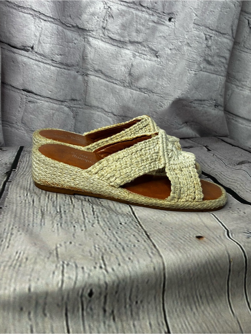 Vintage 70s 80s‎ Raffia Slip On Square Toe Boho Crochet Wedge Sandals Sz 6 AS IS